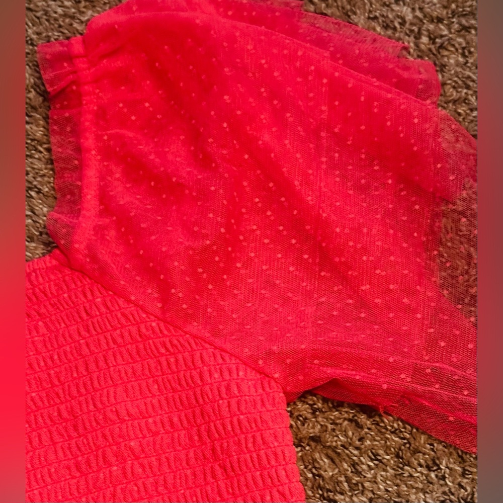 Willow & Root Square-Neck Smocked Puff-Sleeve/tulle Top in Coral - Picture 8 of 15